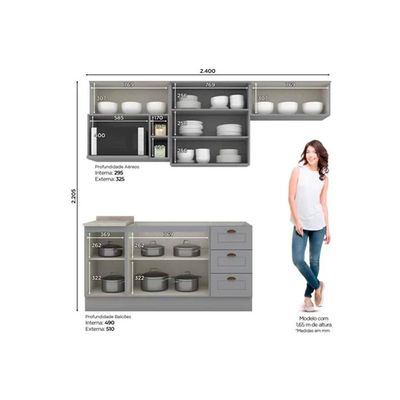 Kit Cozinha Modulada 7 Peças Americana 4 Aéreos + 2 Balcões + 1 Complemento Sem Pia Cz140 Cinza