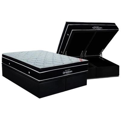 Cama Box Baú Queen: Colchão Molas Superpocket Ensacadas Ortobom Elegant + Base Crc Suede Black (158x198)