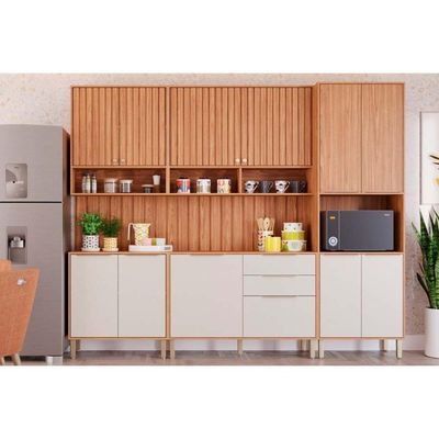 Cozinha Modulada Completa 7 Peças 2 Aéreos + 2 Balcões + 1 Paneleiro + 2 Complementos Cz011 Freijó Off White