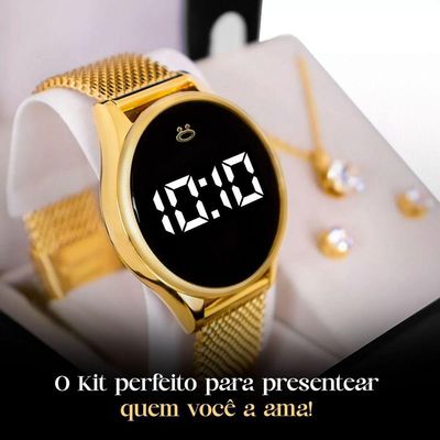 Relogio Feminino Digital Dourado + Colar + Brincos + Caixa