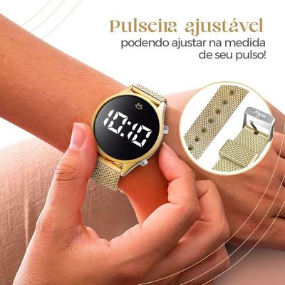 Relogio Feminino Digital Dourado + Colar + Brincos + Caixa