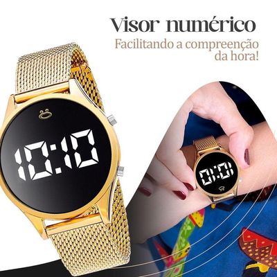 Relogio Feminino Digital Dourado + Colar + Brincos + Caixa
