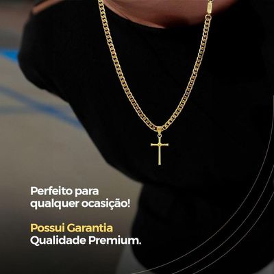Pingente Cruz + Pulseira Grumet + Corrente Banhada Aço Inox