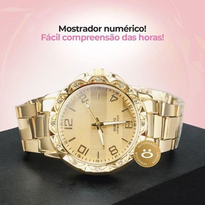 Relogio Feminino Prova Dagua Dourado Relogio Aço Strass