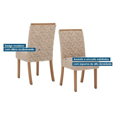 Conjunto Mesa Sala Jantar Lins Com Tampo Madeirado Reto 160x90cm E 6 Cadeiras Esther Nature Linho Cacao Henn