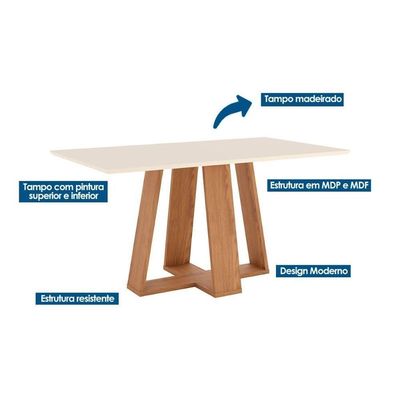 Conjunto Mesa Sala Jantar Lins Com Tampo Madeirado Reto 160x90cm E 6 Cadeiras Esther Nature Linho Cacao Henn