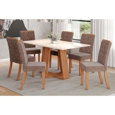 Conjunto Mesa Sala Jantar Lins Com Tampo Madeirado Reto 160x90cm E 6 Cadeiras Esther Nature Linho Cacao Henn
