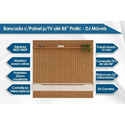 Estante P/ Sala Até 85 Pol Pratic Ripado C/ 3 Gavetas 250x240cm Cedro/bali - Dj Móveis