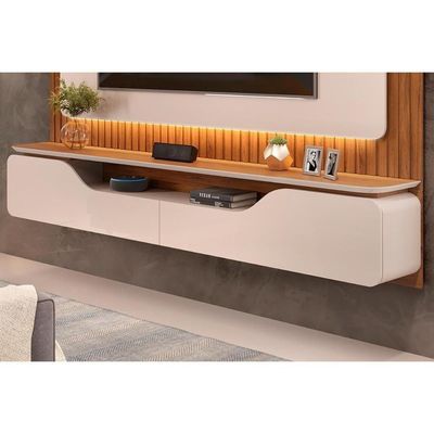 Rack Bancada C/ Painel P/ Tv Até 70 Polegadas Treviso Ripado 100% Mdf Led 210x180cm Bali/cedro - Dj Móveis