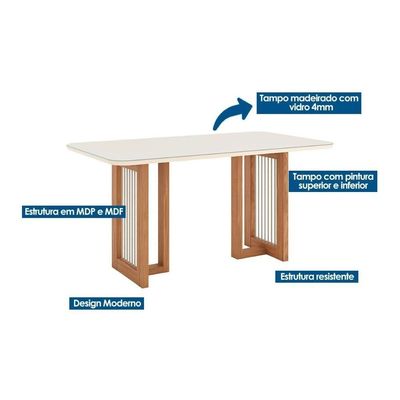 Conjunto Mesa De Cozinha Yara Com Tampo Madeirado Com Vidro Curvo 160x90cm E 6 Cadeiras Anne Nature Courano Linho Henn