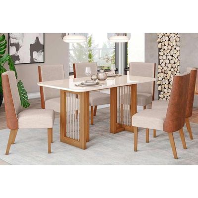 Conjunto Mesa De Cozinha Yara Com Tampo Madeirado Com Vidro Curvo 160x90cm E 6 Cadeiras Anne Nature Courano Linho Henn