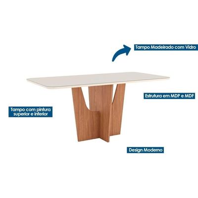 Mesa Para Cozinha Vértice Sc88 Com Tampo Madeirado Com Vidro Curvo 180x90cm Nature Off White Henn