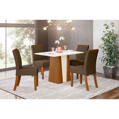 Conjunto Mesa Sala Jantar Orus Com Tampo Madeirado 120x80cm E 4 Cadeiras Vita Nature Off White Suede Marrom Henn