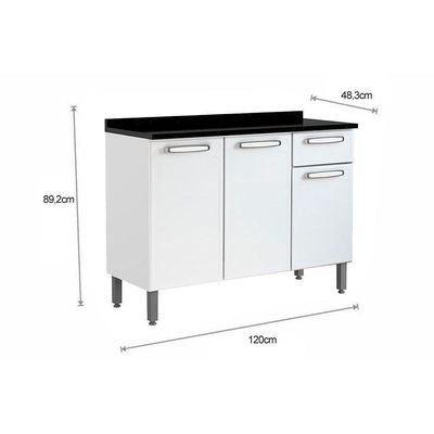 Gabinete Para Pia Cozinha Balcão Com Tampo Evidence 7122 Com 3 Portas E 1 Gaveta 120cm Branco Bertolini