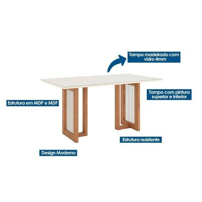 Conjunto Mesa Sala Jantar Yara Com Tampo Madeirado Com Vidro Reto 160x90cm E 6 Cadeiras Malu Nature Linho Henn