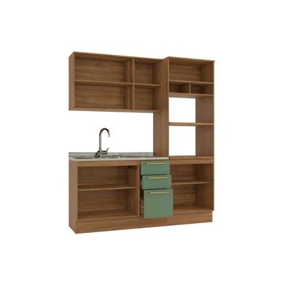 Cozinha Modulada Completa Botanic 3 Peças 1 Aéreo + Balcão + 1 Paneleiro Sem Pia M652 Nogueira Verde Oliva