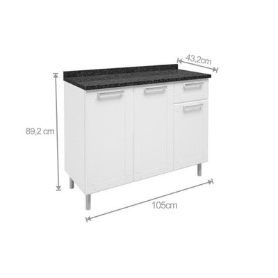 Gabinete Para Pia Cozinha Balcão Com Tampo Múltipla 6114 Com 3 Portas E 2 Gavetas 105cm Branco Preto Bertolini