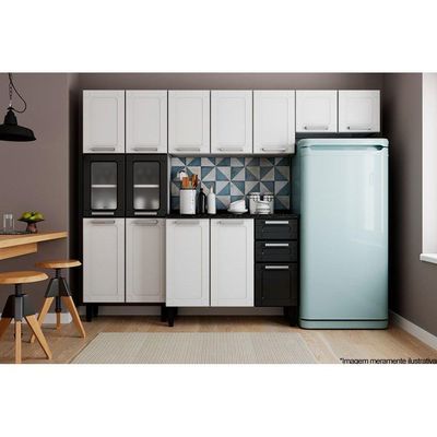 Gabinete Para Pia Cozinha Balcão Com Tampo Múltipla 6114 Com 3 Portas E 2 Gavetas 105cm Branco Preto Bertolini