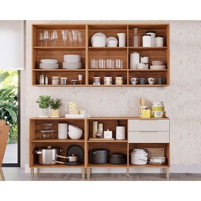Cozinha Modulada Completa Divina 6 Peças 2 Aéreos + 2 Balcões + 2 Complementos Cz009 Freijó Off White