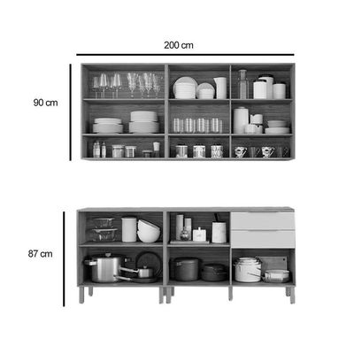 Cozinha Modulada Completa Divina 6 Peças 2 Aéreos + 2 Balcões + 2 Complementos Cz009 Freijó Off White