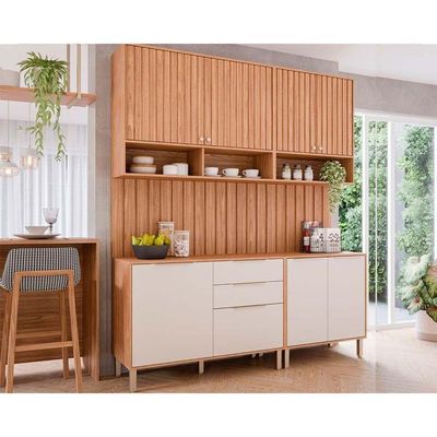 Cozinha Modulada Completa Divina 6 Peças 2 Aéreos + 2 Balcões + 2 Complementos Cz009 Freijó Off White