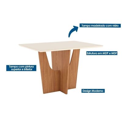 Conjunto Mesa De Cozinha Vértice Tampo Madeirado Com Vidro Canto Reto 120x80cm E 4 Cadeiras Bella Nature Amêndoa Henn