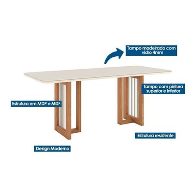 Conjunto Mesa Sala Jantar Yara Com Tampo Madeirado Com Vidro Curvo 200x90cm E 6 Cadeiras Anne Nature Courano Linho Henn