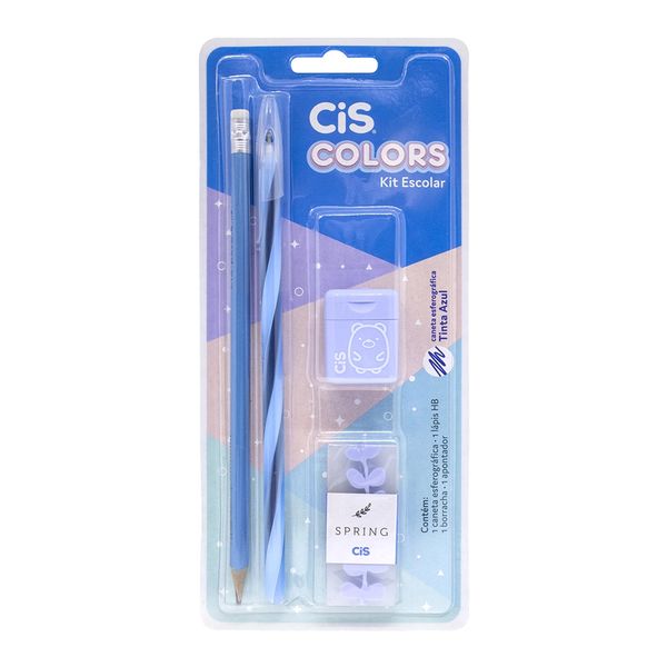 Kit Escolar Cis Spring Color Azul com Caneta + 1 Lápis + 1 Borracha + 1 Apontador Kit Escolar Cis Spring Color Azul com Caneta + 1 Lápis + 1 Borracha + 1 Apontador