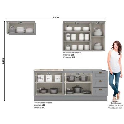 Kit Cozinha Modulada 5 Peças Americana 2 Aéreos + 2 Balcões + 1 Complementos Sem Pia Cz132 Cinza