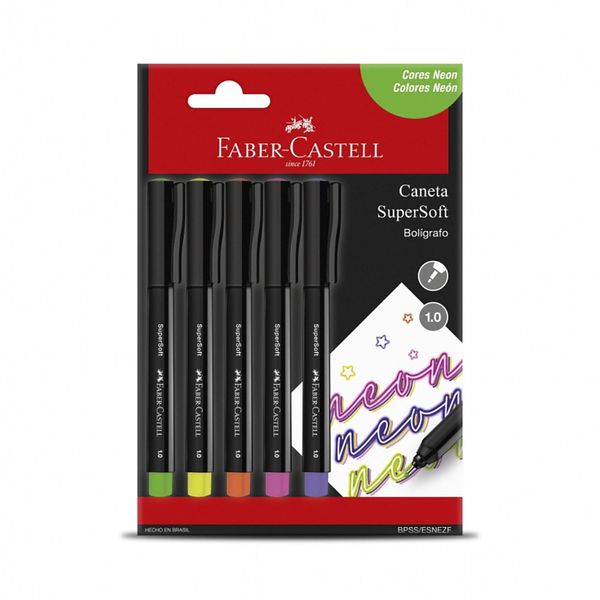 Caneta Hidrográfica Faber-Castell Supersoft Bolígrafo 1.0mm Neon Colors com 5 Unidades