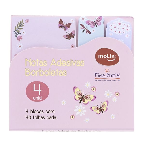Bloco Adesivo Molin Notes Borboleta com 4 Unidades 40 Folhas Bloco Adesivo Molin Notes Borboleta com 4 Unidades 40 Folhas