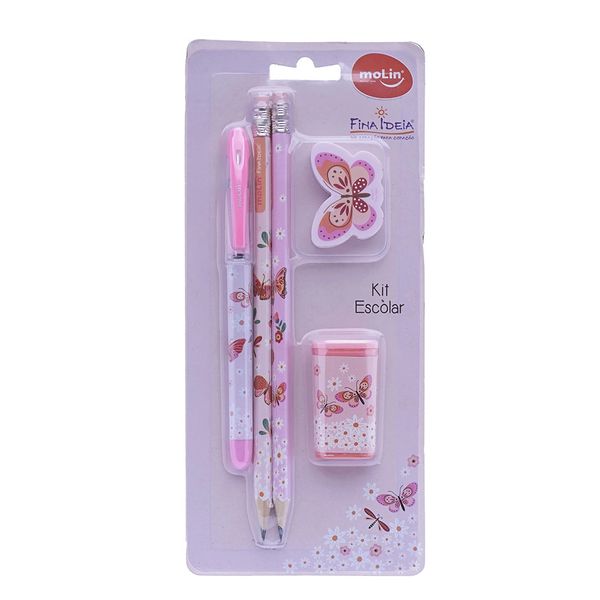 Kit Escolar Molin Borboleta com 1 Caneta + 2 Lápis + 1 Apontador + 1 Borracha