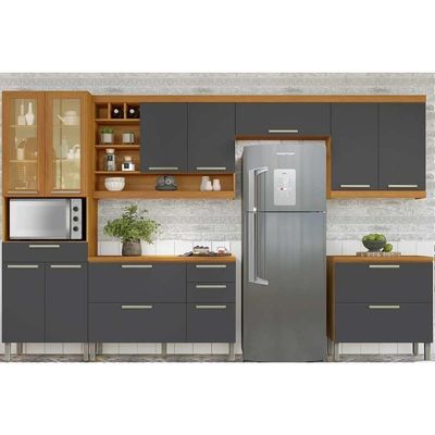 Cozinha Modulada Completa Burguesa Premium 6 Peças 3aéreo+2balcões+ 1 Paneleiro C6p55 Freijó Grafite