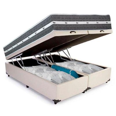 Cama Box Baú Casal Bipartido Sintético + Colchão Anjos Black Graphite Molas Ensacadas 138x188x64cm Branco