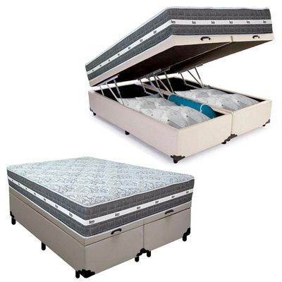 Cama Box Baú Casal Bipartido Sintético + Colchão Anjos Black Graphite Molas Ensacadas 138x188x64cm Branco