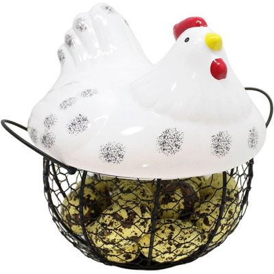 Cesto Galinha Porta Ovos Cerâmica Decorativo 18 Ovos Amarelo