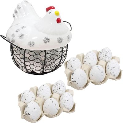 Cesto Galinha Porta Ovos Cerâmica Decorativo 12 Ovos Branco