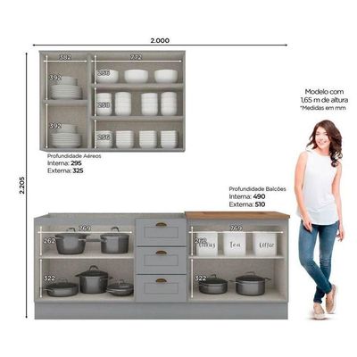 Kit Cozinha Modulada 4 Peças Americana 1 Aéreo + 2 Balcões + 1 Complemento Sem Pia Cz127 Cinza