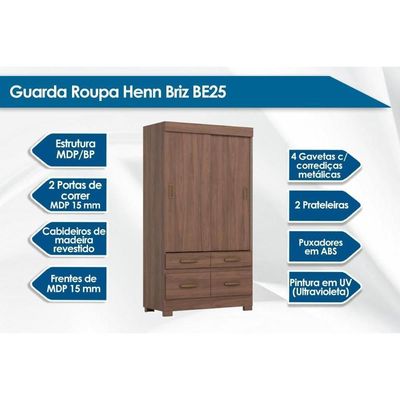 Guarda Roupa Casal 2 Portas De Correr E 4 Gavetas C- Pés Briz Be25 Branco - Henn