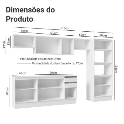 Armário De Cozinha Completa 100% MDF 310 Cm Smart 02 Xa Branco