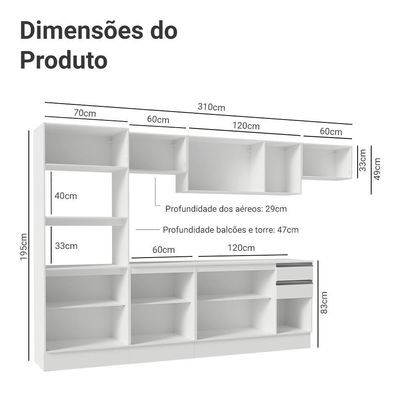 Armário De Cozinha Completa 100% MDF 310 Cm Smart 02 Branco