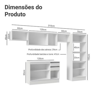 Armário De Cozinha Completa 100% MDF 310 Cm Smart 01 Xa Branco