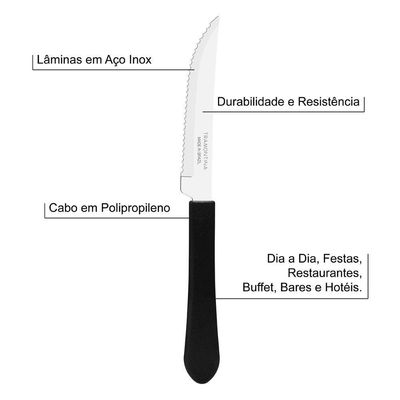 Kit 3 Facas De Mesa Churrasco Tramontina Leme Inox Cabo Preto
