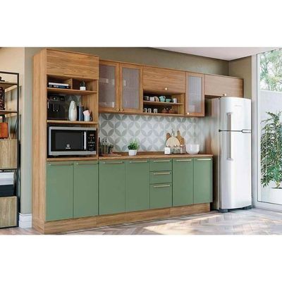 Kit Cozinha Modulada 8 Peças Botanic 3 Aéreos + 2 Balcões + 1 Paneleiro+ 2 Complementos M663 Nogueira Verde Oliva