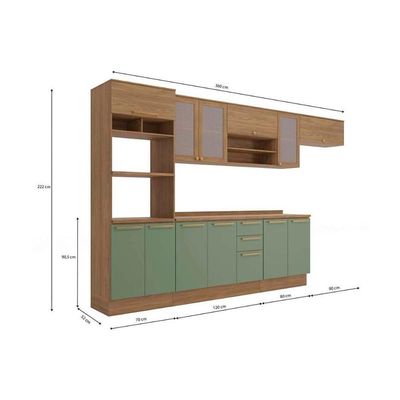 Kit Cozinha Modulada 8 Peças Botanic 3 Aéreos + 2 Balcões + 1 Paneleiro+ 2 Complementos M663 Nogueira Verde Oliva
