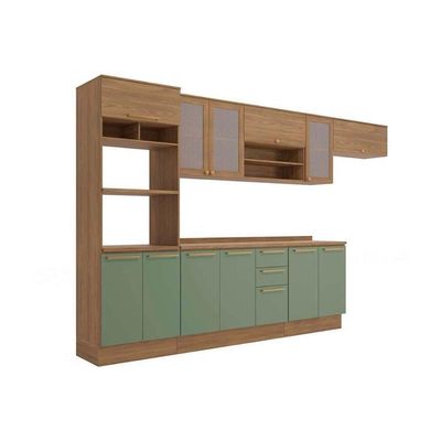 Kit Cozinha Modulada 8 Peças Botanic 3 Aéreos + 2 Balcões + 1 Paneleiro+ 2 Complementos M663 Nogueira Verde Oliva