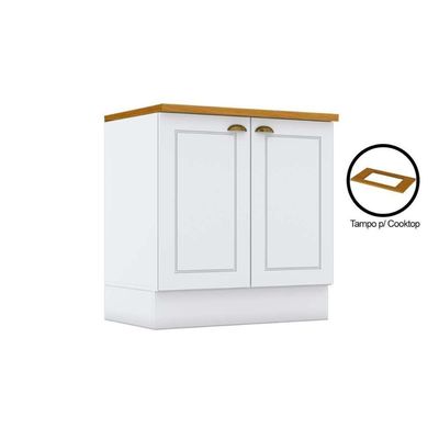 Módulo Cozinha Americana Balcão Com Tampo Para Cooktop Com 2 Portas 80cm Branco2 Aéreos + 1 Balcão + 1 Complemento