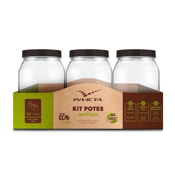 Conjunto de Potes para Mantimentos Invicta Liso 3 Peças Preto 1,3L