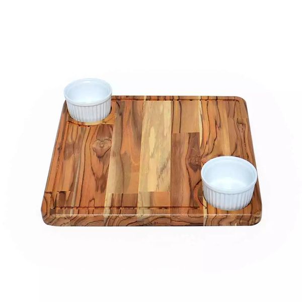 Tábua de Petisco Decorglass Teka Quadrada de Madeira com 2 Ramequins Tábua de Petisco Decorglass Teka Quadrada de Madeira com 2 Ramequins
