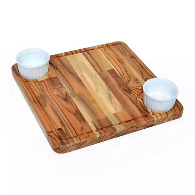 Tábua de Petisco Decorglass Teka Quadrada de Madeira com 2 Ramequins